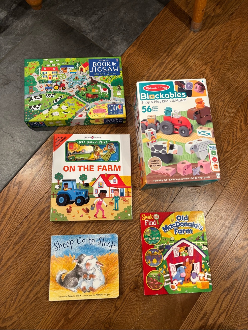 Children's Farm Board Books and Farm Puzzle Activity Book and Blockables